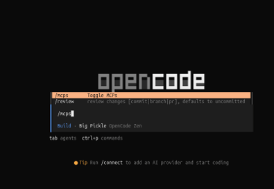 OpenCode command menu showing the /mcps command to manage MCP connections.
