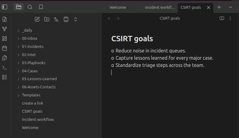 Obsidian file explorer showing the CSIRT vault folders for incidents, intel, playbooks, cases, lessons learned, and templates.