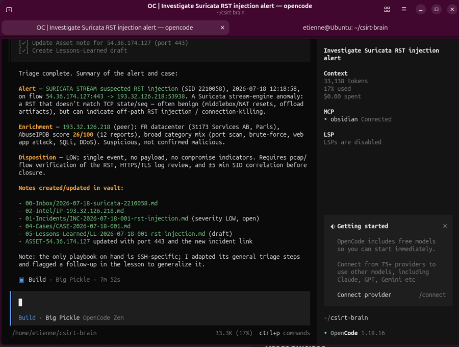 OpenCode summarizing the second Suricata alert, IP reputation enrichment, and notes created or updated in the vault.
