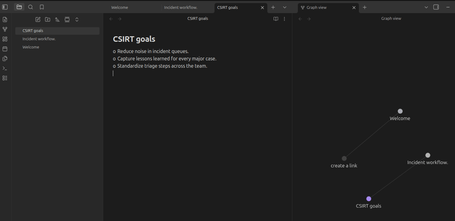 CSIRT goals note listing three objectives alongside Obsidian’s graph of linked notes.