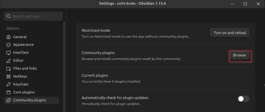 Obsidian Community plugins settings with the Browse button highlighted.