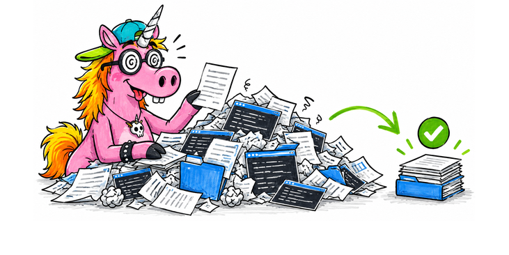 Illustration d'une licorne rose Geekeries qui trie un tas de journaux et de documents en une pile compacte validée.