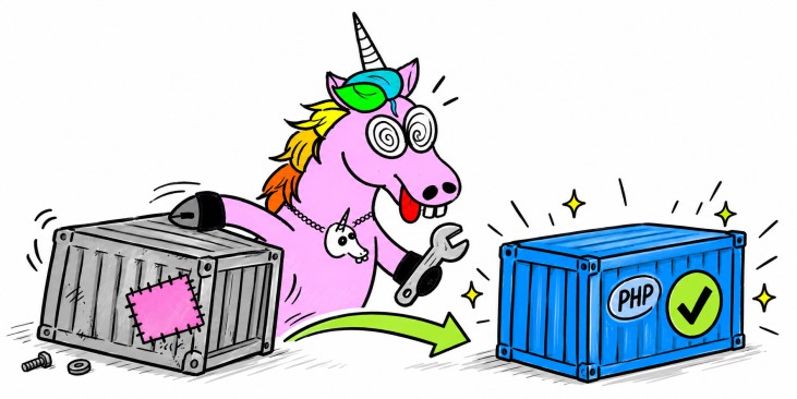 La licorne rose de Geekeries remplace un conteneur PHP provisoire par une image officielle validée.